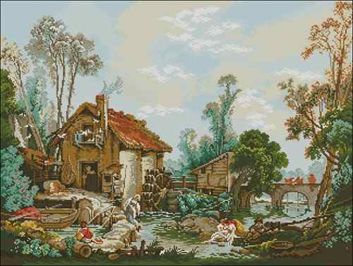 Схема вышивки крестом "Water mill in the mountains"