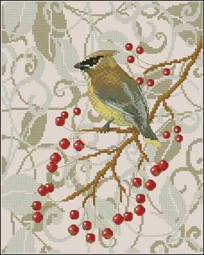 Схема вышивки крестом "Cedar Waxwing in Winter Hawthorn"