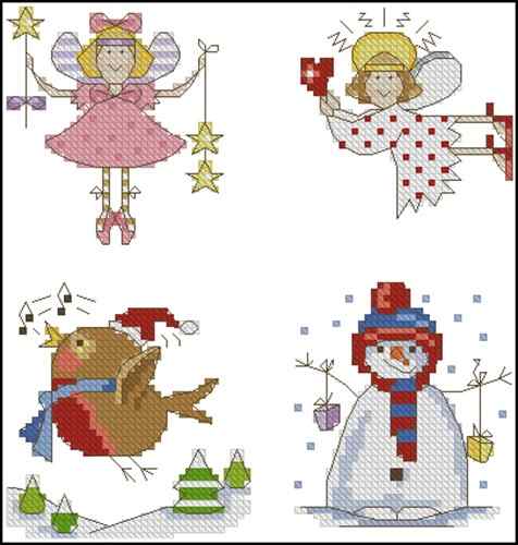 Схема вышивки крестом "Angel, Angel with Heart, Robin, Snowman"