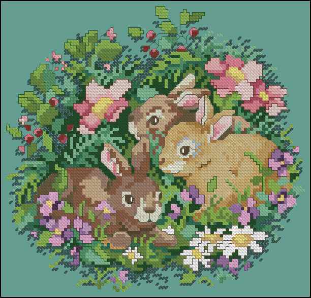 Схема вышивки крестом "Flower Patch Bunnies"