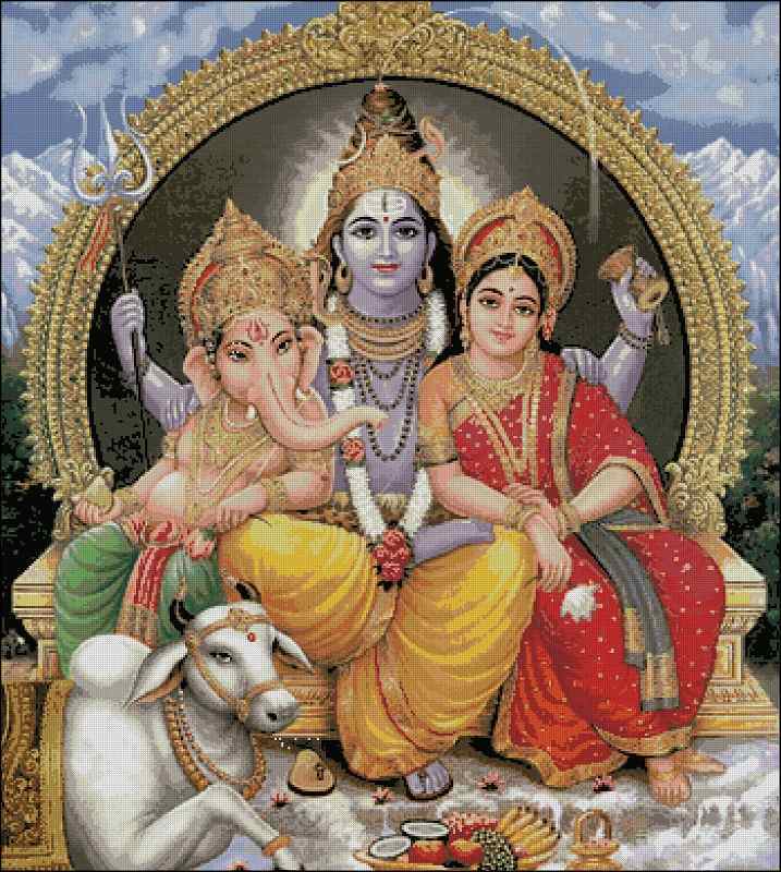 Схема вышивки крестом "God Shiva And Goddess Parvati With God Ganesha"