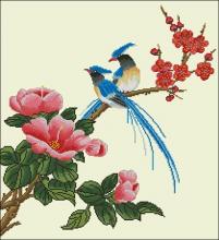 Схема вышивки крестом "Экзотические птицы на ветке с цветами 2"