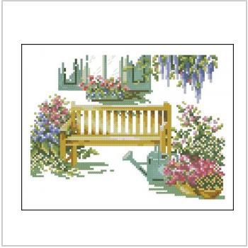 Схема вышивки крестом "Сад с цветами и скамейка"