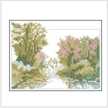 Схема вышивки крестом "Цветущие деревья вокруг озера"