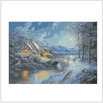Схема вышивки крестом "Зимний пейзаж «Ночь и домик»"