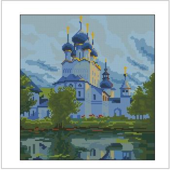 Схема вышивки крестом "Церковь у озера с синими куполами"