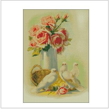 Схема вышивки крестом "Голуби возле вазы с розами"