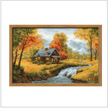 Схема вышивки крестом "Дом у реки осенью"