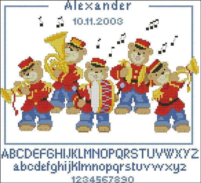 Схема вышивки крестом "Musical Bears Birthsampler"